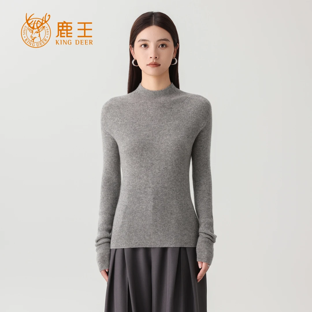 【外销款】鹿王女半高领100山羊绒抽条修身百搭针织套衫 TW511