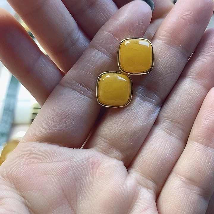 银S925镶嵌琥珀耳饰蜜蜡耳钉
