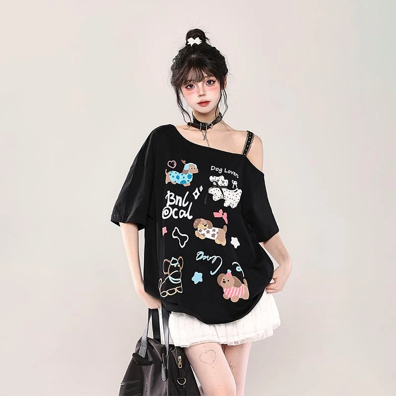 辣妹卡通小狗印花斜肩蕾丝短袖女夏季新款宽松休闲不撞款上衣t恤