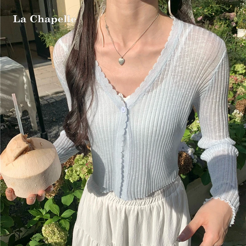 拉夏贝尔夏季宽松搭配吊带裙针织开衫外套长袖薄款防晒上衣空调衫