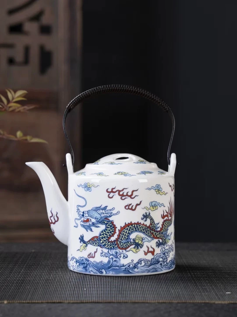 白瓷-龙腾盛世陶瓷茶壶家用简约提梁壶泡茶器老式酒壶393(lf)