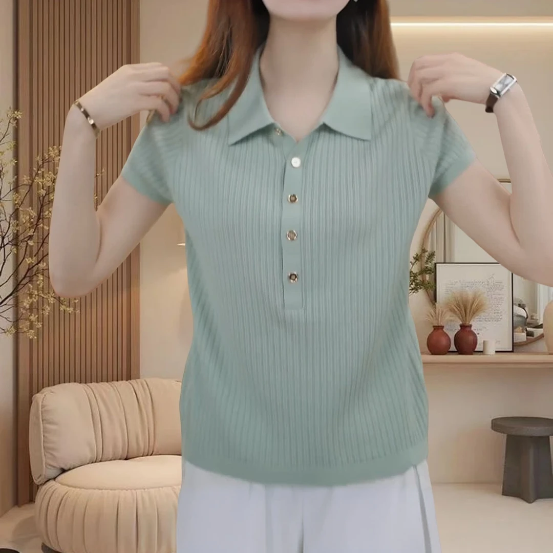 夏新款显瘦简约纯色大码上衣POLO领百搭冰丝薄款针织衫短袖T恤女