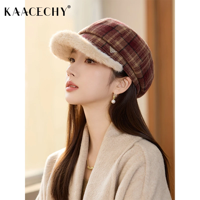 复古格纹鸭舌帽子女2025新款爆款洋气时尚优雅毛绒边保暖八角帽