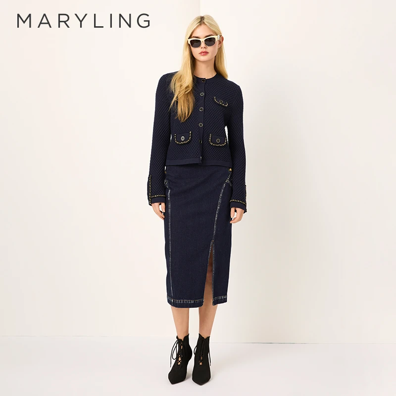 MARYLING玛俪琳2025初春新品休闲深蓝色圆领针织开衫A1FAW08370