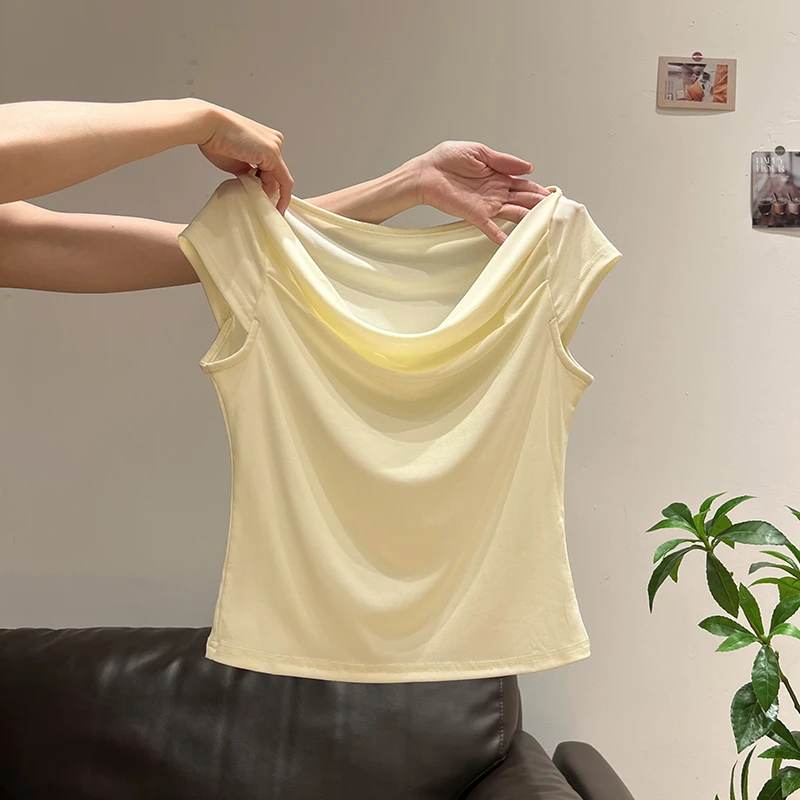 鹅黄色荡领设计感短袖t恤女2025夏季新款修身显瘦气质短款小上衣