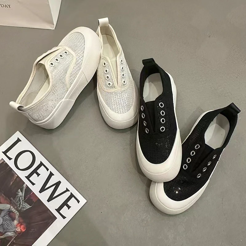 厚底亮片网面透气板鞋子女2024新款百搭运动休闲一脚蹬网鞋小白鞋