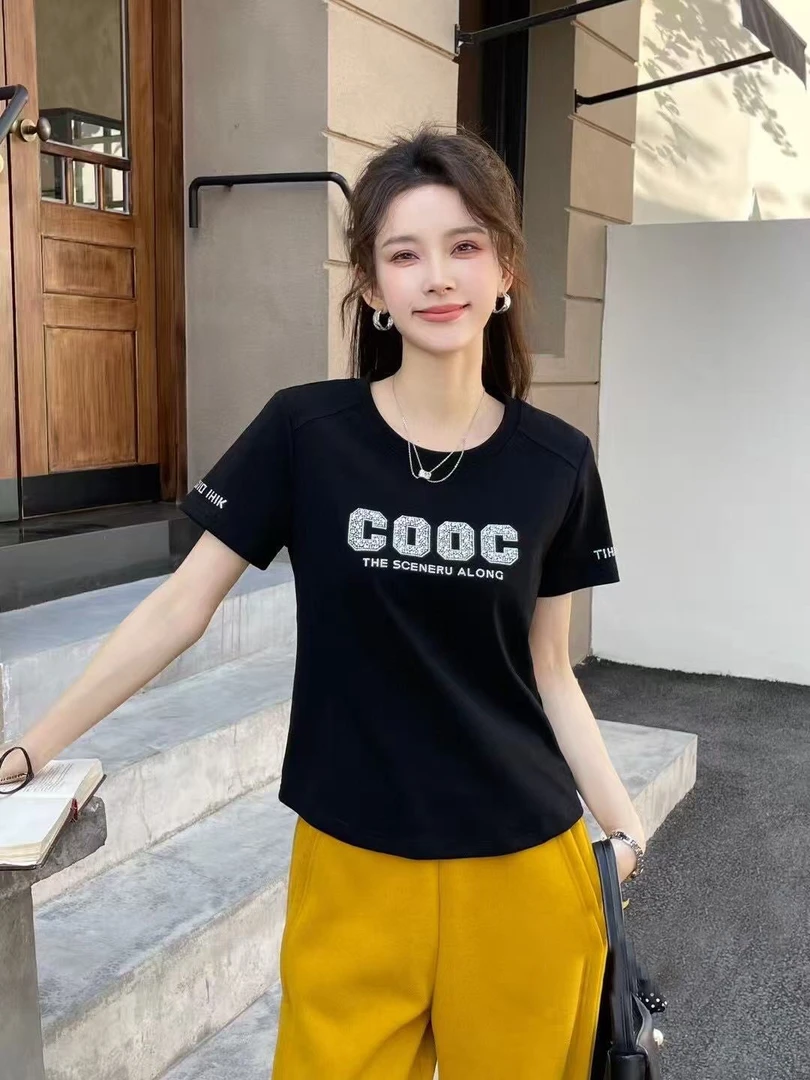 夏季新款简约休闲烫钻字母短袖T恤夏季百搭短款上衣8801