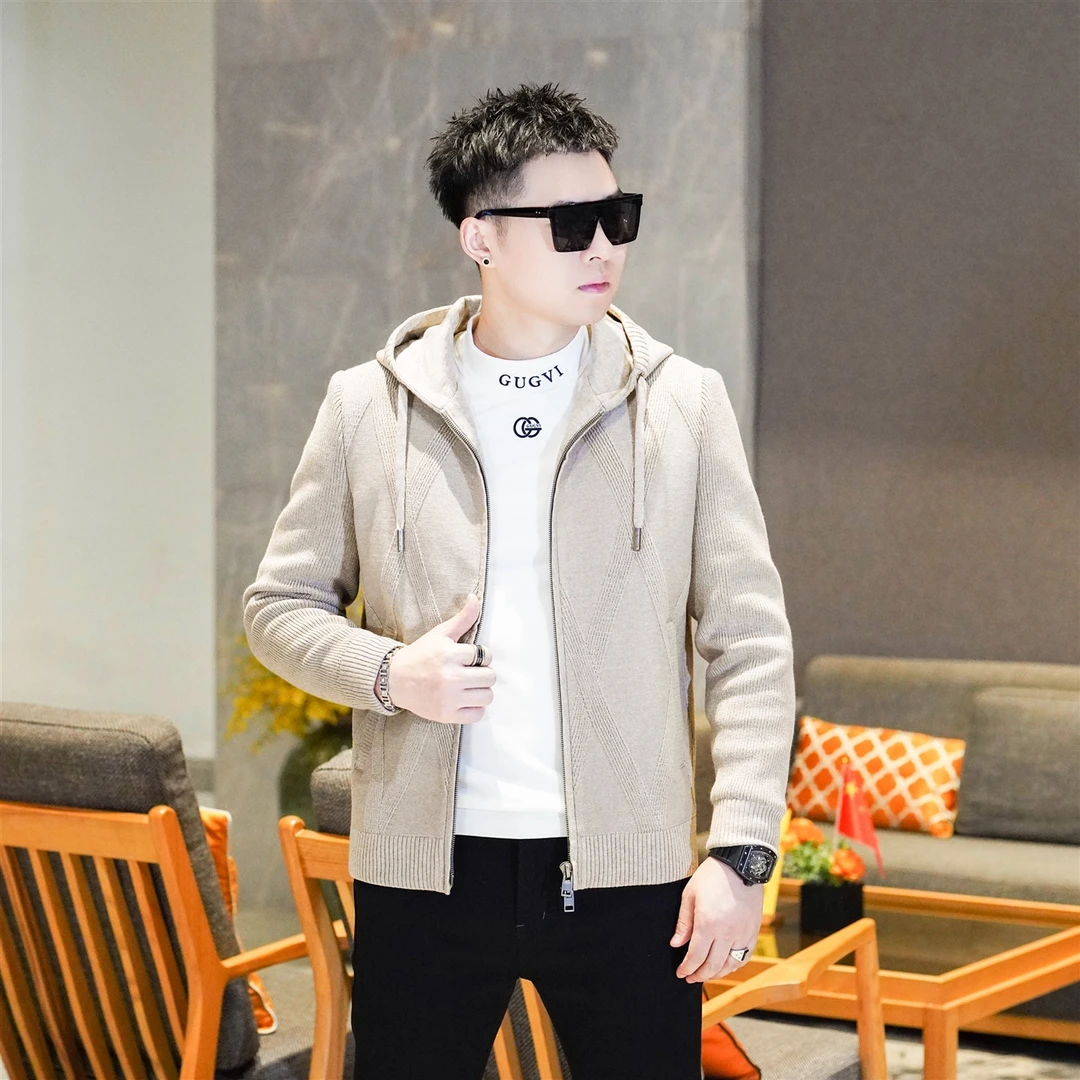高端男士连帽针织夹克外套休闲拉链开衫时尚潮流2025秋冬25877