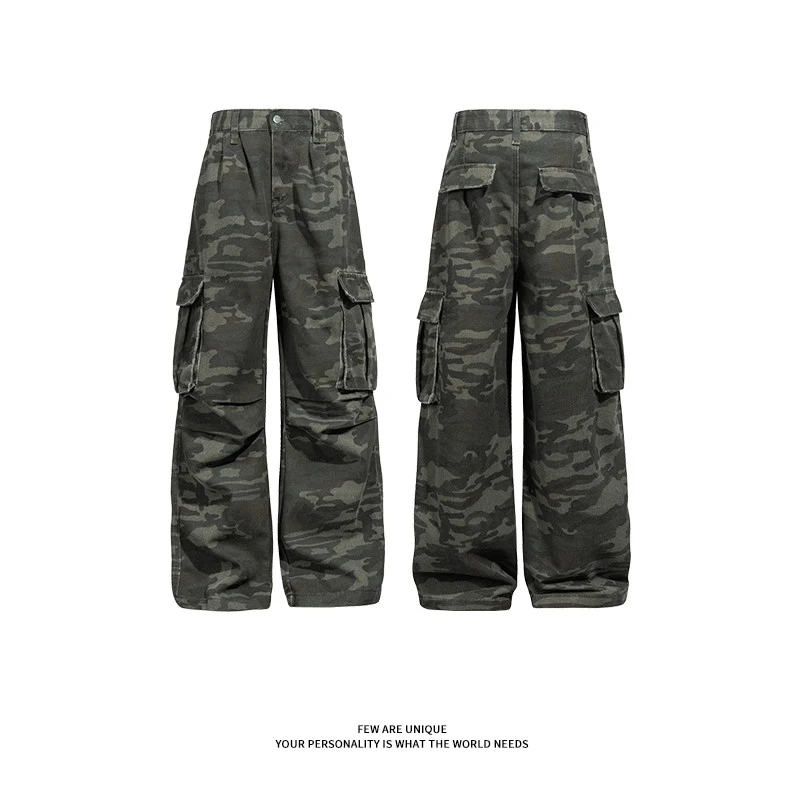 -EQME-美式复古设计感迷彩工装牛仔裤男宽松百搭直筒阔腿痞帅裤子