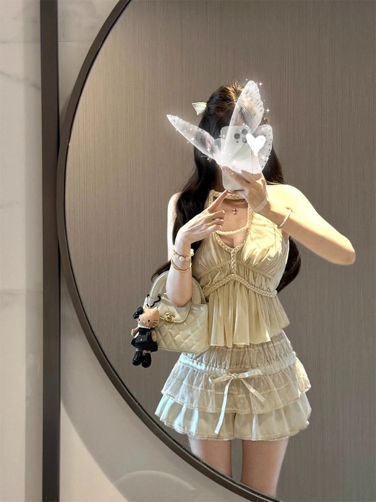 设计感编织修身无袖气质挂脖吊带背心性感露背荷叶边上衣