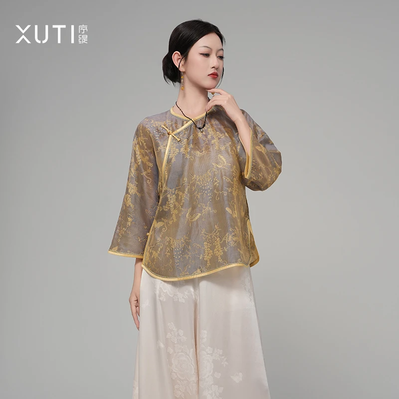 序缇『翩影』夏季复古国风新中式女装桑蚕丝月光杭罗上衣J56-17617