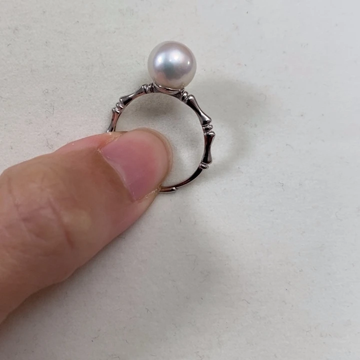 淡水珍珠戒指银S925镶嵌8-9竹节