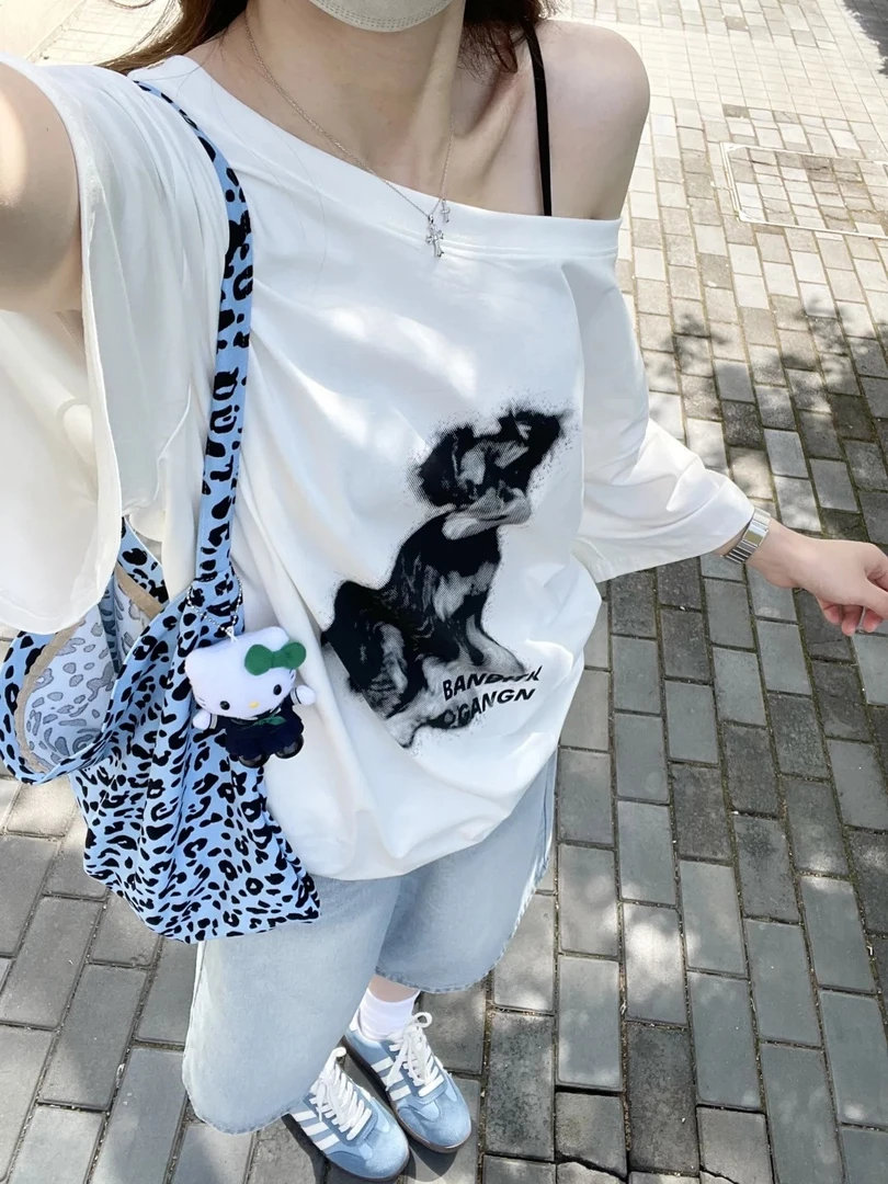 KEKE美式白色印花小狗女款短袖T恤女夏新款宽松百搭显瘦斜肩上衣