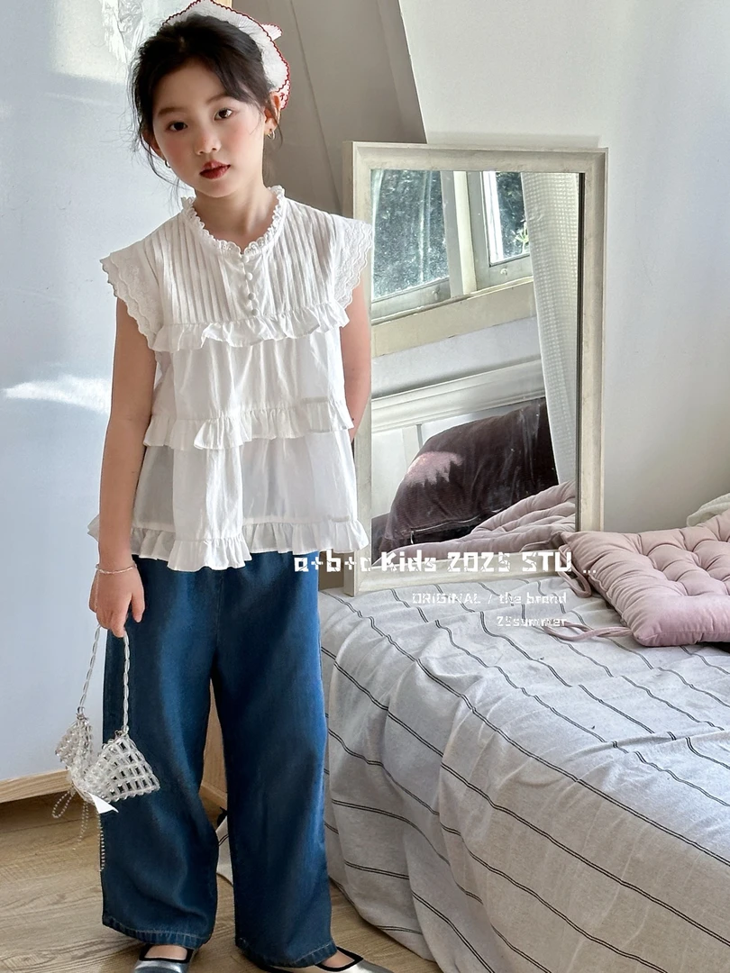 女童夏季韩版娃娃衫上衣潮童童装纯色纯棉无袖衬衫