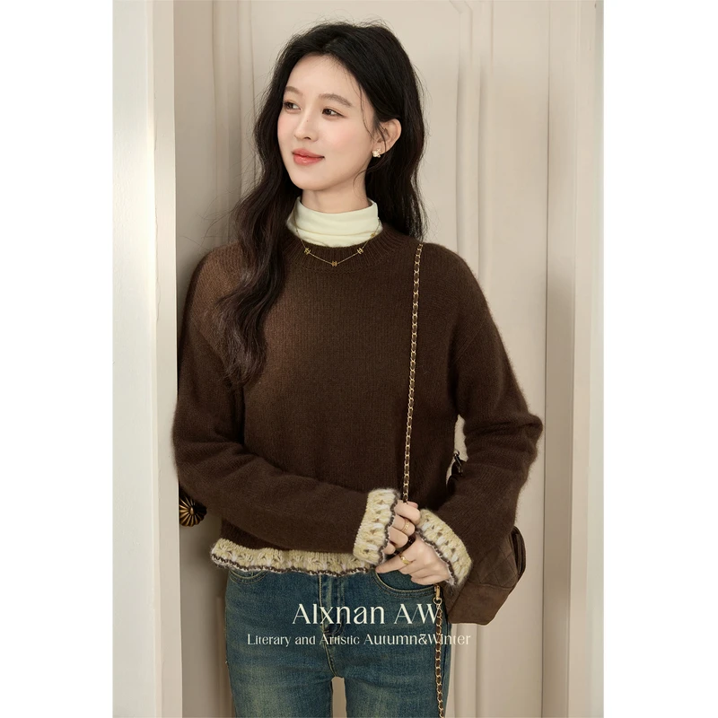 鹿向南【粉丝福利】「棕意盎然」拼色毛衣女装冬季新款宽松慵懒感