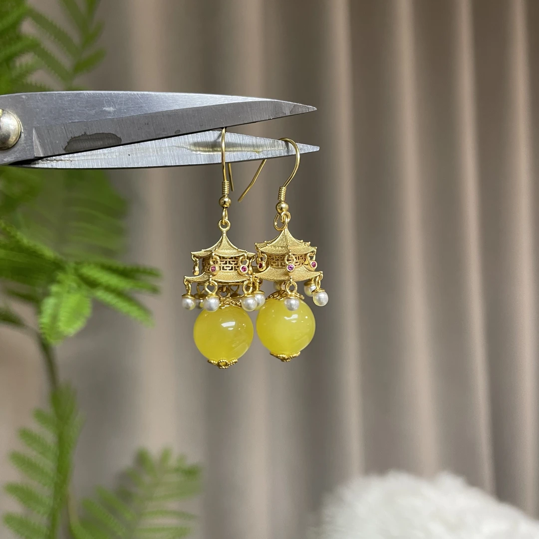 天然琥珀蜜蜡单珠 亭台楼阁耳饰s925 多样性发货一件