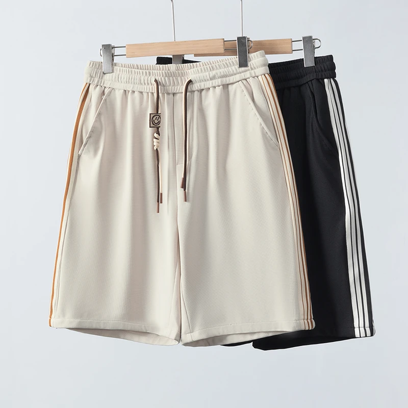 条纹运动短裤薄款夏季外穿宽松5五分裤子男士休闲裤透气网孔免烫