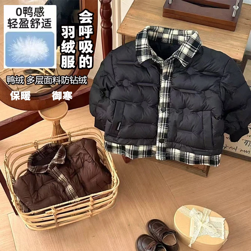 2025冬季新款男童潮童羽绒服外套中大童假俩件羽绒服百搭校服神器