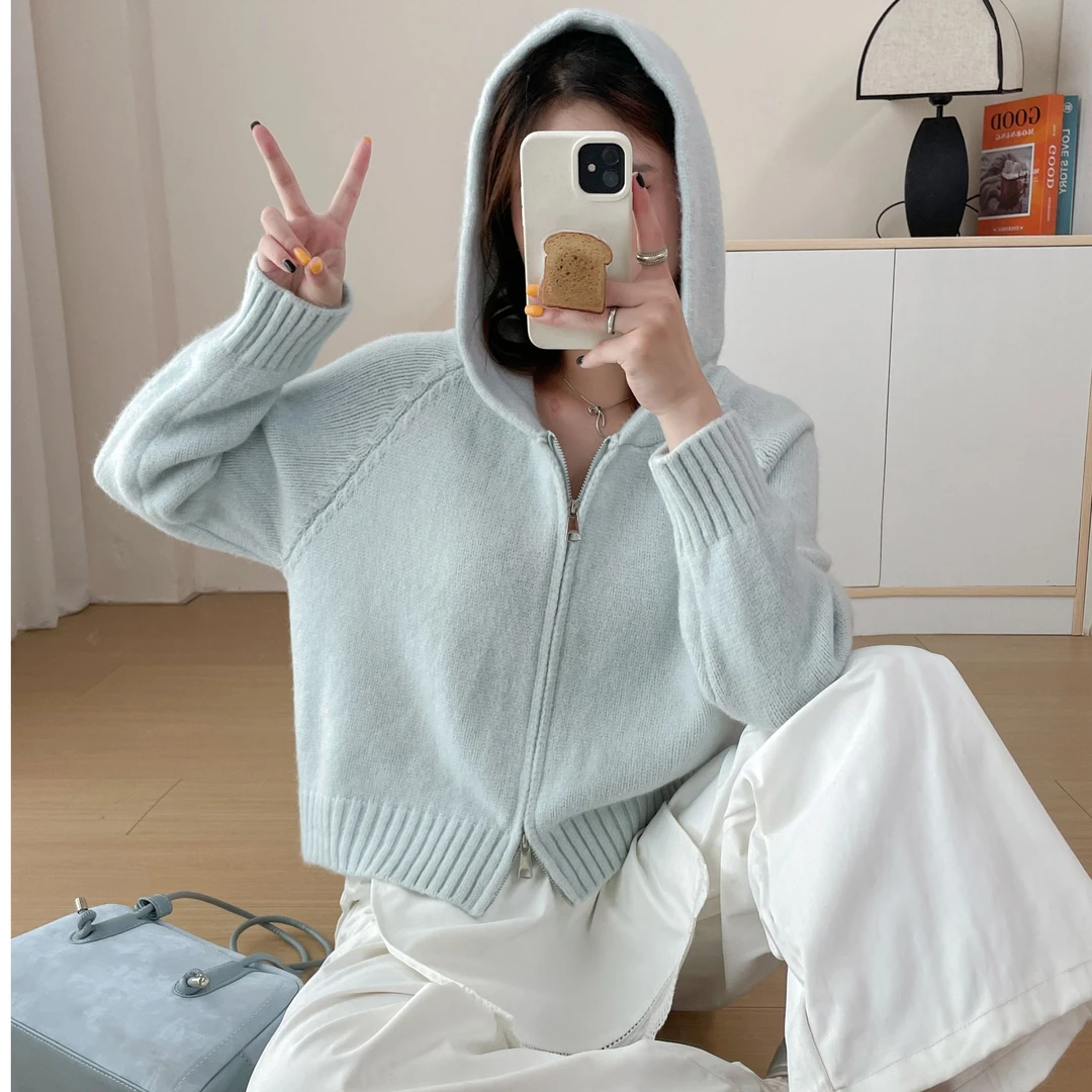 小个子宽松连帽毛衣开衫女秋冬新款纯色韩系短款双拉链针织上衣潮