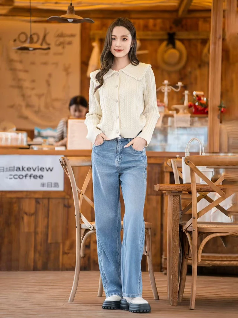 朵以2025新款高腰直筒窄版阔腿裤牛仔裤39DQ249006