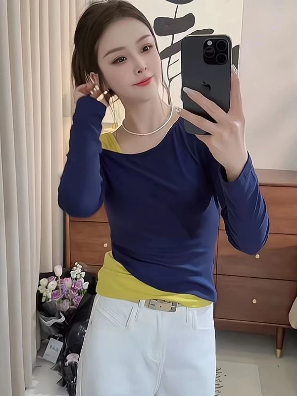 胖丫专属—60268夏季新款时尚拼接撞色假两件长袖T恤女装别致上衣