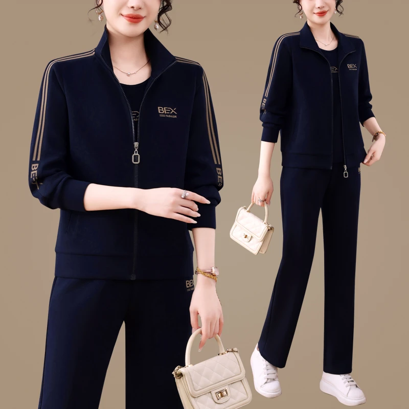 中老年女秋季休闲运动套装中年妈妈春秋时尚减龄显瘦三件套装