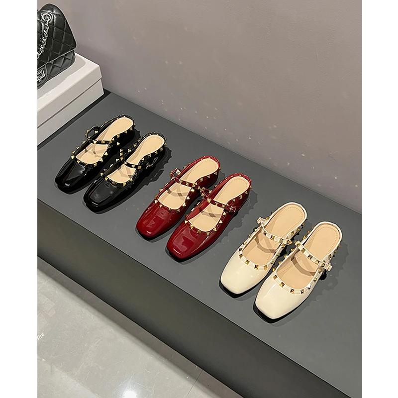 在逃公主~内增高包头半拖鞋子女士外穿夏季新款铆钉玛丽珍凉拖鞋