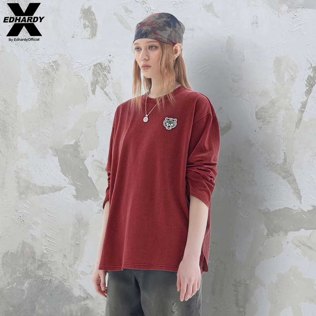 EDHARDY X日常宽松百搭秋冬水洗小虎头长袖T恤X1C4VO210355