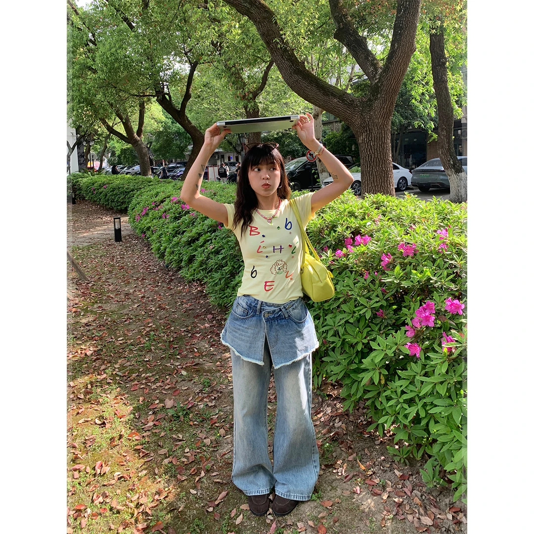 NIDEBLACK韩系少女复古假两件A字裙拼接微喇牛仔裤宽松设计感长裤