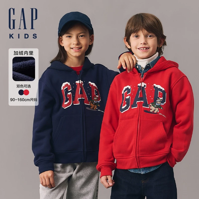【大小童同款】Gap男女童2024秋冬新款抓绒圣诞连帽卫衣619564