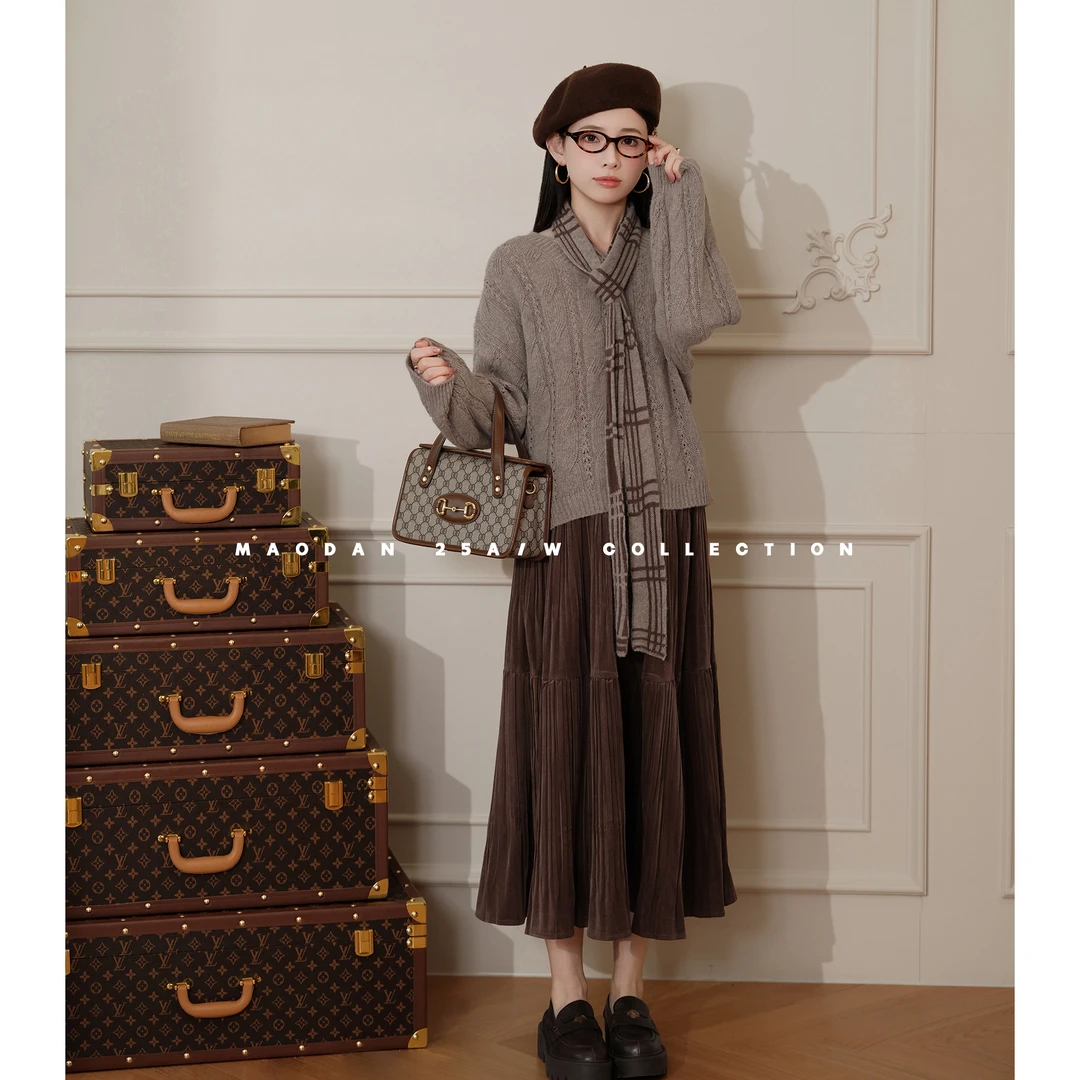 maodan/猫单【可可斑斑】【羊毛】孕妇装秋季新品法式休闲上衣半裙