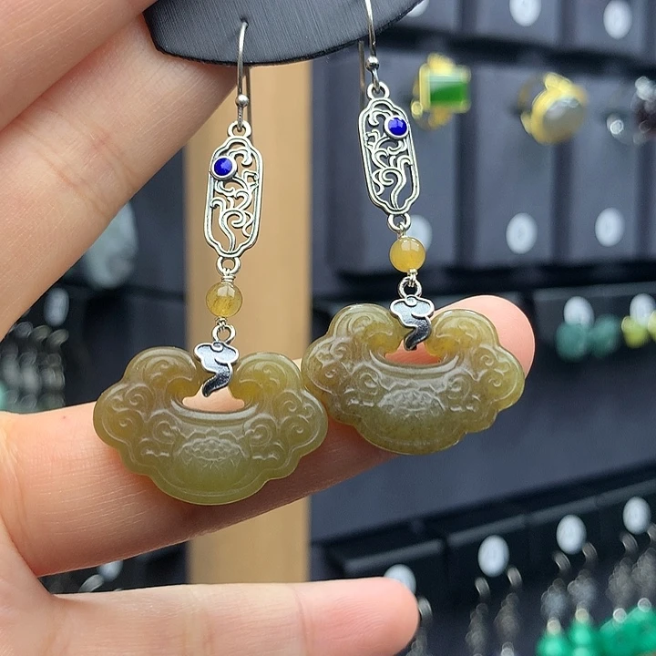 和田玉耳饰银S925镶嵌