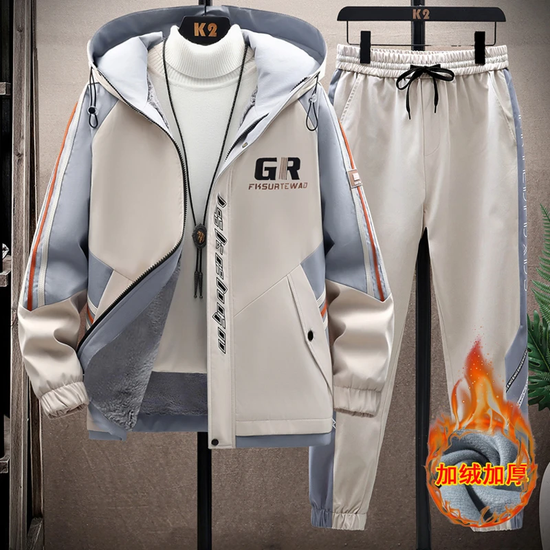 本布下摆秋冬季加绒加厚连帽色块男士夹克潮流百搭青少年休闲套装