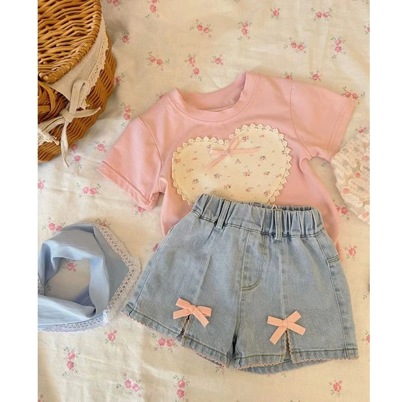 女童夏季套装2025新款韩版儿童潮款蝴蝶结粉色短袖牛仔短裤两件套