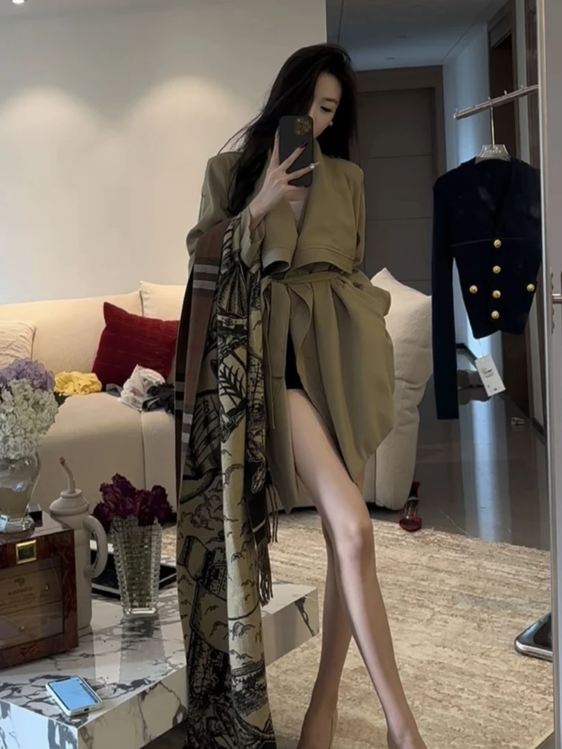 西装领宽松型翻领风衣系带中长款女长袖宽松时尚