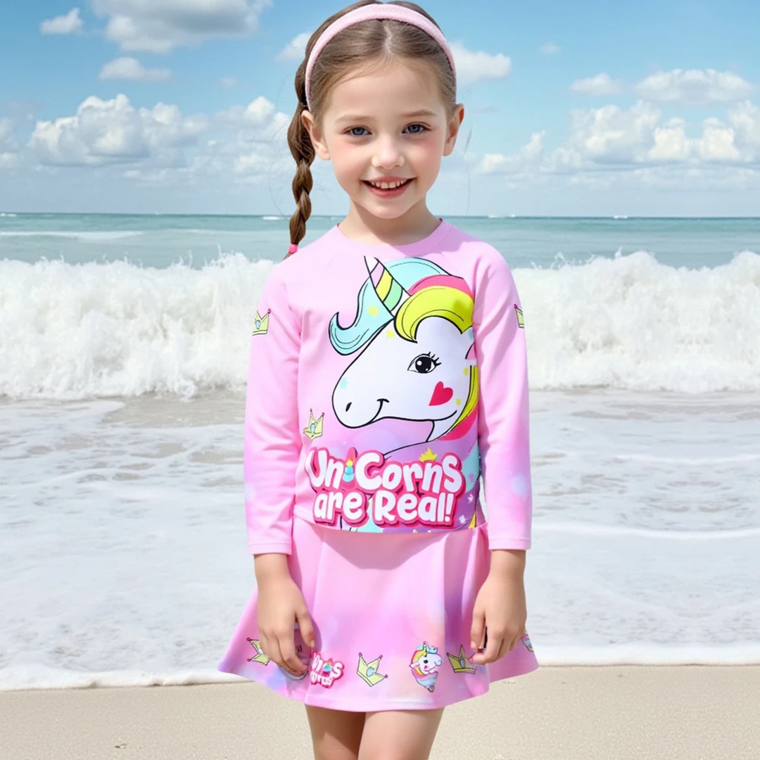 儿童女孩泳装分体长袖独角兽裙2025新款