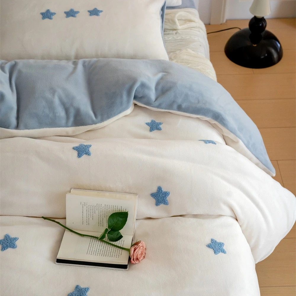 ins小星星保暖加厚牛奶绒四件套立毛巾绣珊瑚绒三件套冬天床品