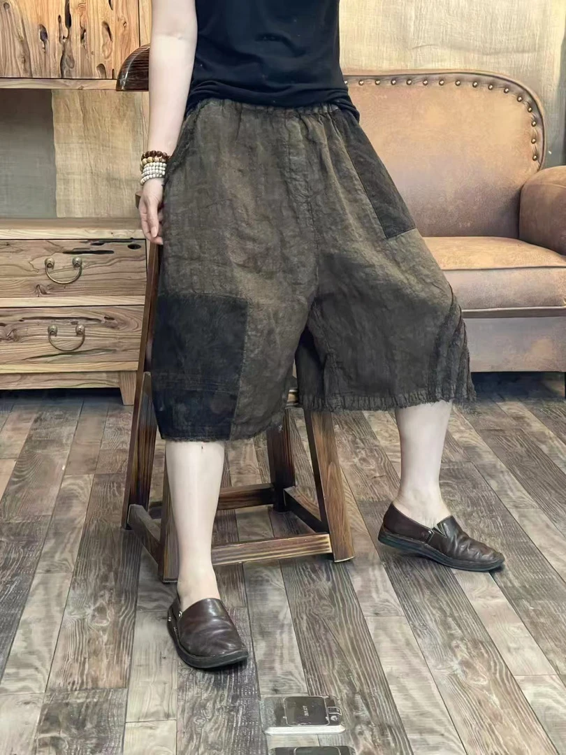 FF 6940 夏季新品亚麻拼色文艺休闲百搭女士裤子 臀围128长58