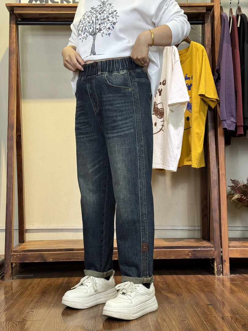 牛仔裤-23143大码女装秋冬棉质胖MM深蓝弹力休闲高腰水洗宽松