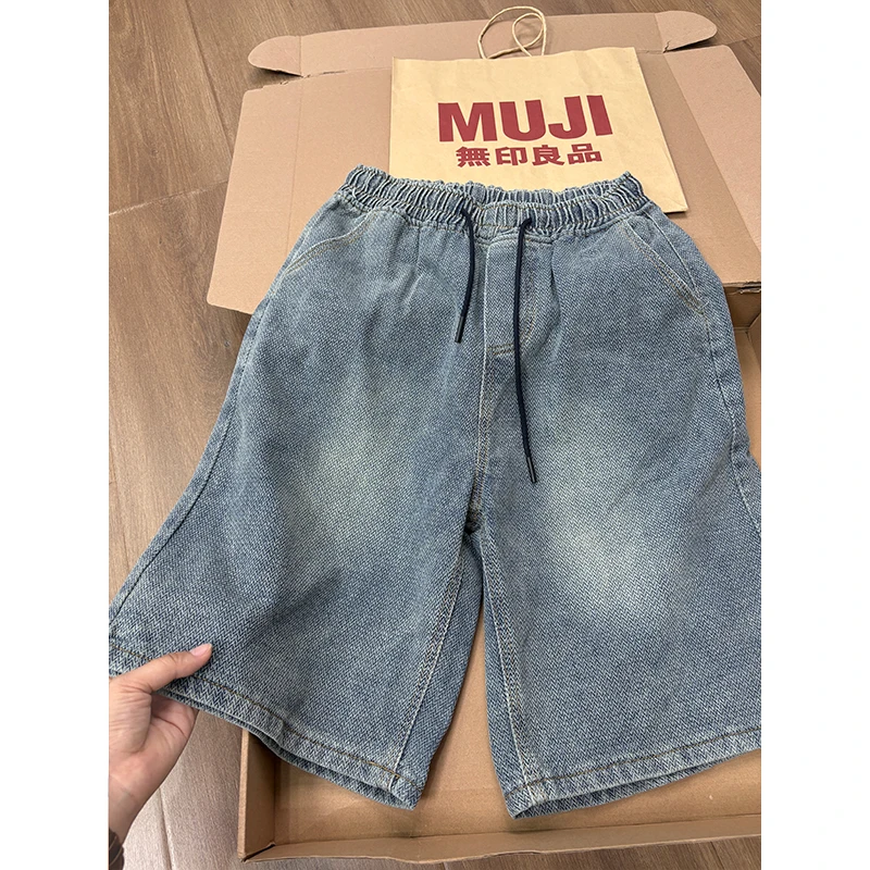 美式复古人字纹牛仔短裤男款夏季抽绳松紧腰裤子高级感痞帅五分裤