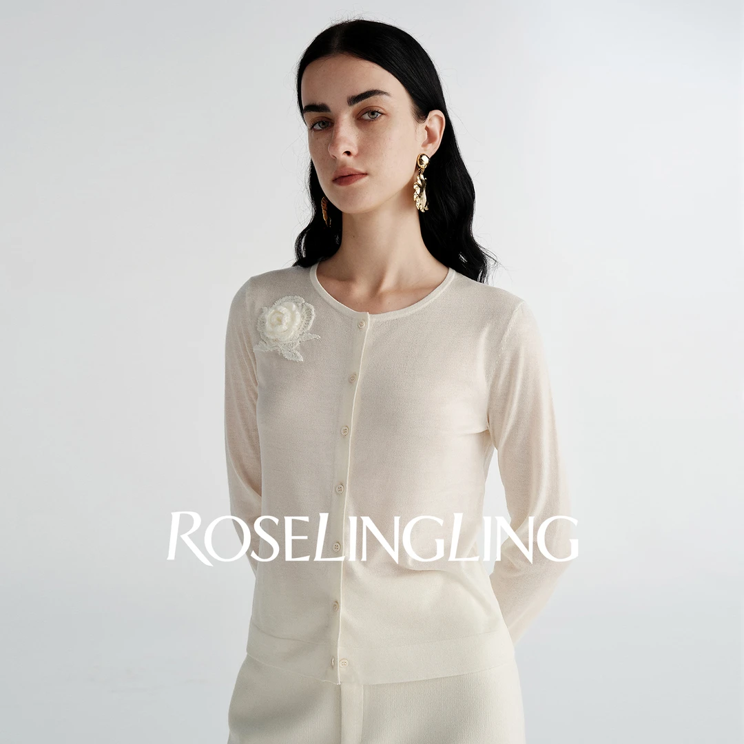 ROSELINGLING浪漫手工坊系列 保暖轻盈腈纶羊毛 立体盘花玫瑰开衫