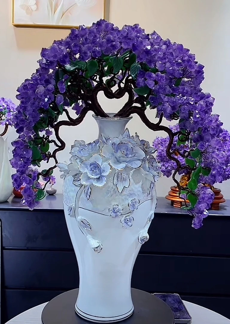 【卓越轻奢】左右逢源富贵花紫水晶树摆件欧式陶瓷迎客松摆件