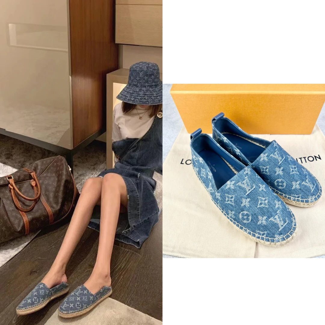 未使用 LouisVuitton/路易威登 蓝色满印草编渔夫鞋36码 L2308