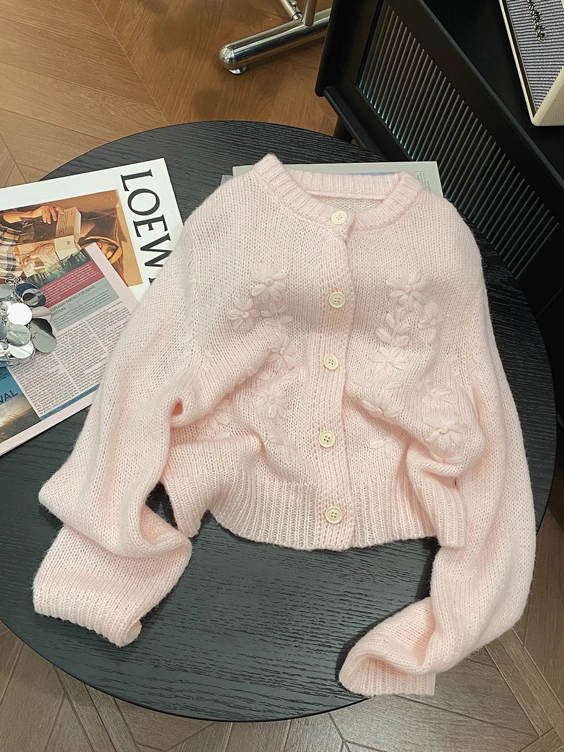 粉色提花针织开衫女2025新款秋季宽松慵懒风软糯气质毛衣外套上衣