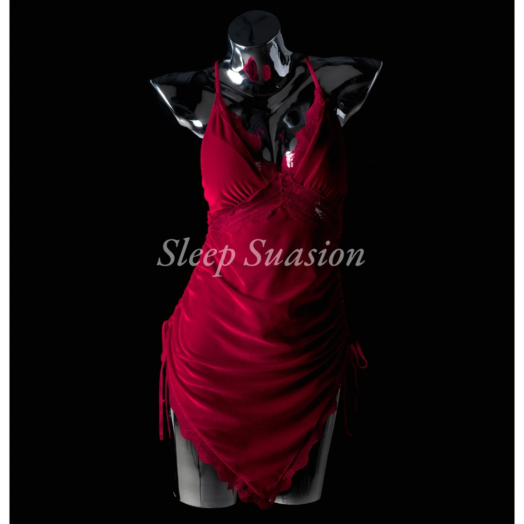 【柔情佳人】性感丝绒带胸垫睡裙深V显瘦气质睡衣趣味夜梦连衣裙