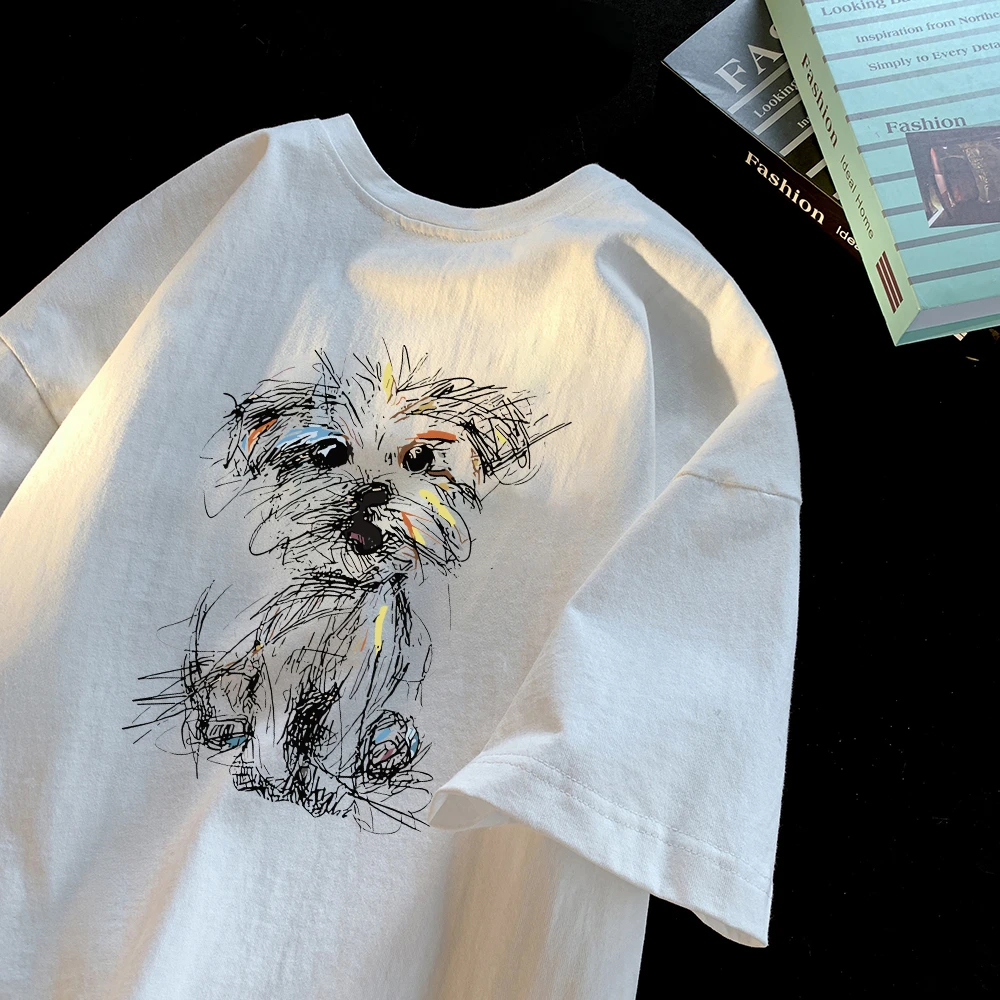 男士夏季重磅纯棉短袖T恤潦草小狗美式复古潮牌印花宽松情侣半袖