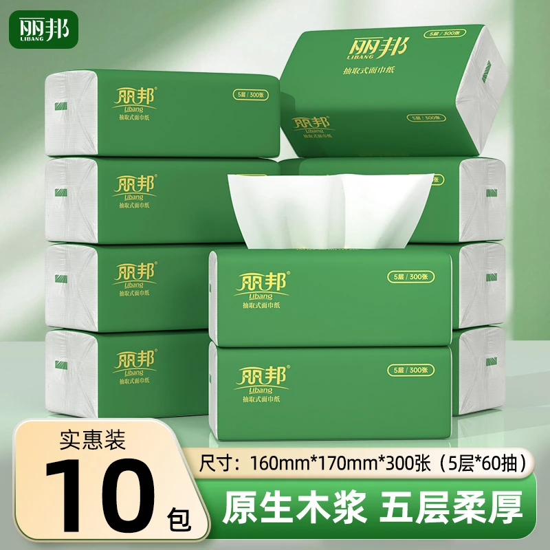丽邦5层抽纸300张10大包家用便携纸巾湿水不易破吸水纸抽柔软耐用