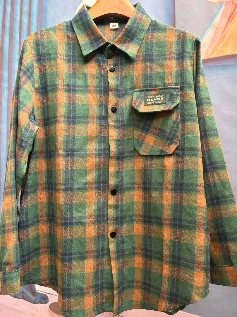 长袖印染格子复古格子遮肚衬衫上衣加绒衬衣潮流外套秋季春秋