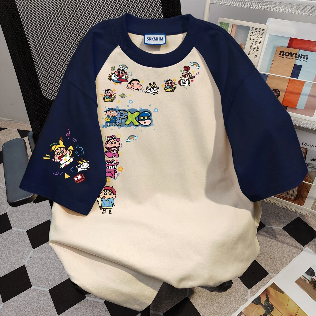 100%纯棉美式复古蜡笔小新短袖小众宽松t恤男女夏季ins潮情侣上衣