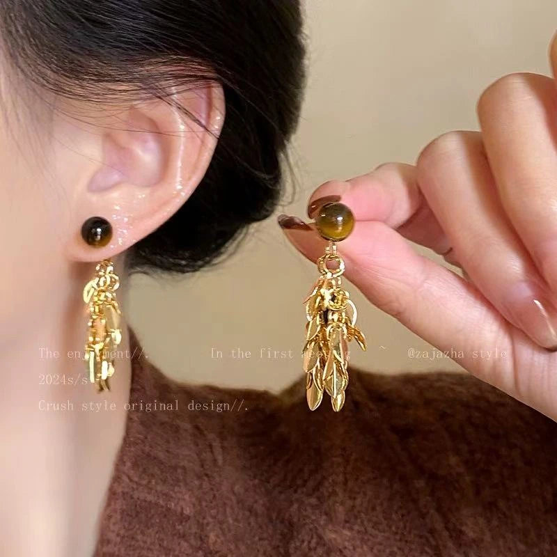 金色麦穗~美拉德虎眼石流苏复古轻奢高级感耳钉耳饰A498